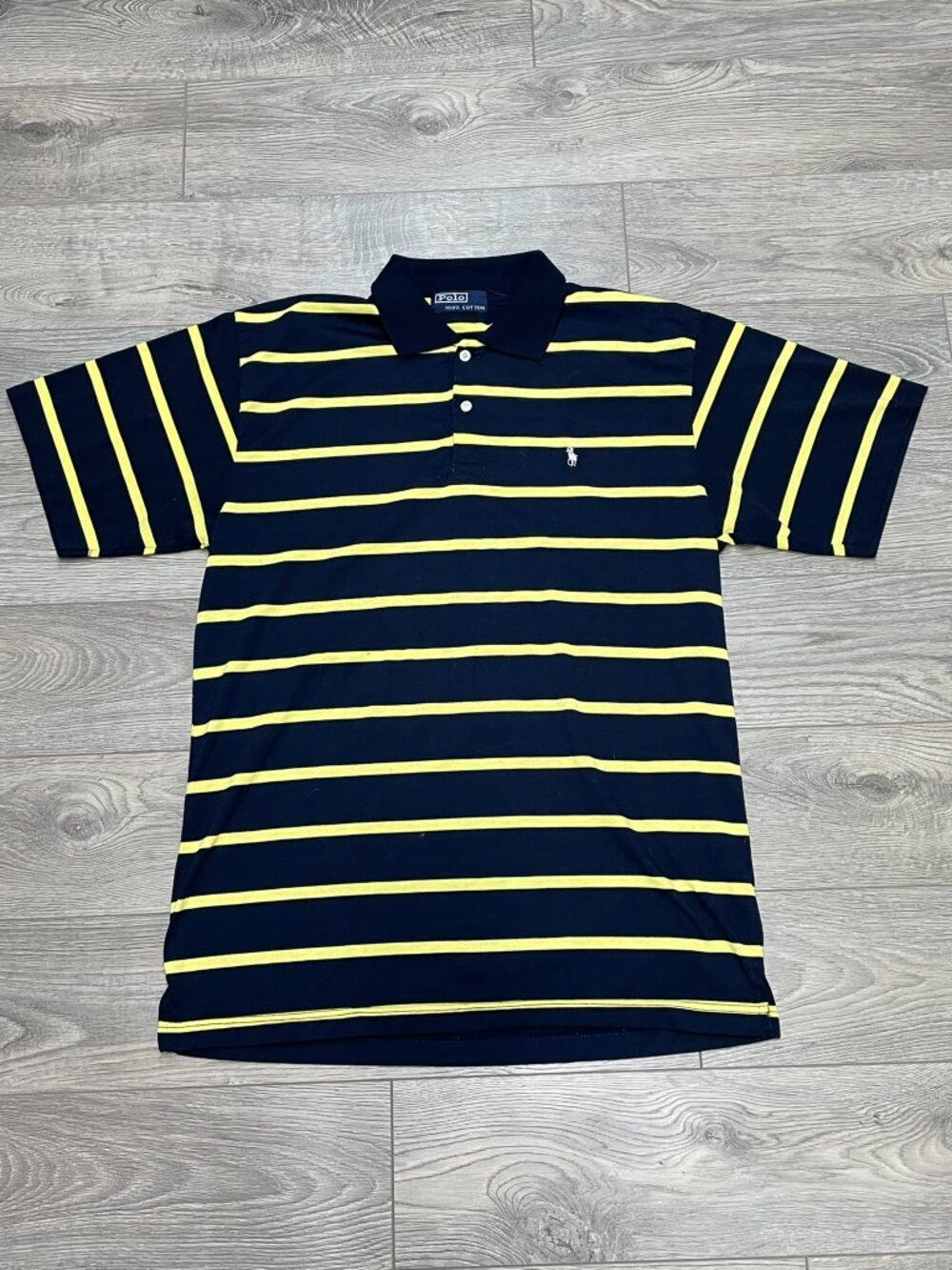 Vintage Polo Ralph Lauren Striped Polo Shirt Navy Blue Yellow Short Sleeve L